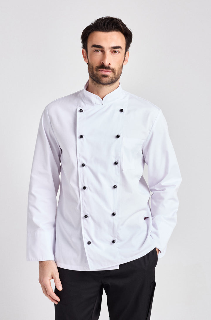 Klassische, weisse Kochjacke mit Kugelknöpfen. Modernes Material und angenehm zu tragen.