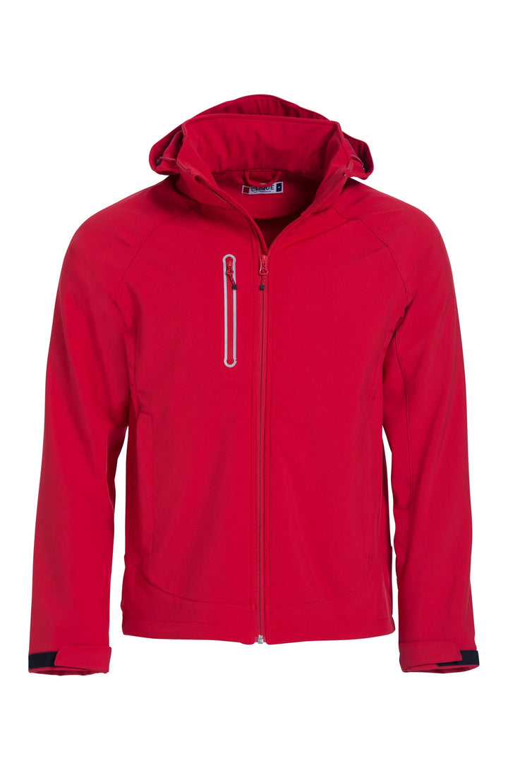 Rote Softshelljacke mit Reflexstreifen, Brusttasche, Kapuze und Reissverschluss
