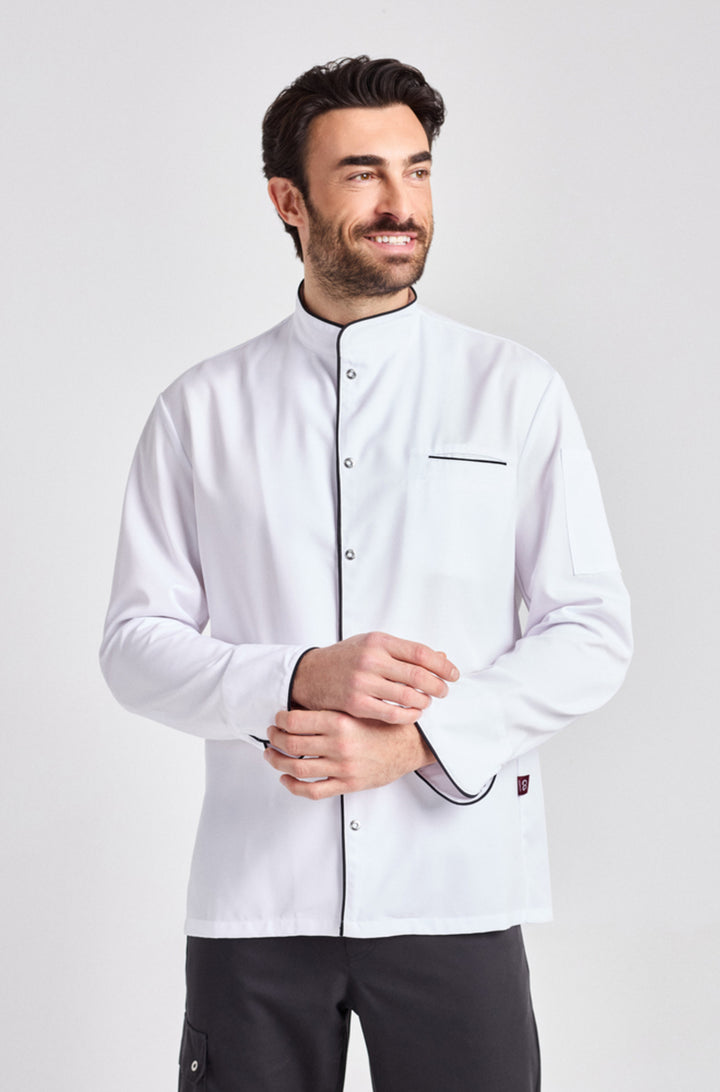 Kochjacke, Kasack in weiss mit schwarzer Paspel und Druckknopfverschluss. Stehkragen und Manchetten