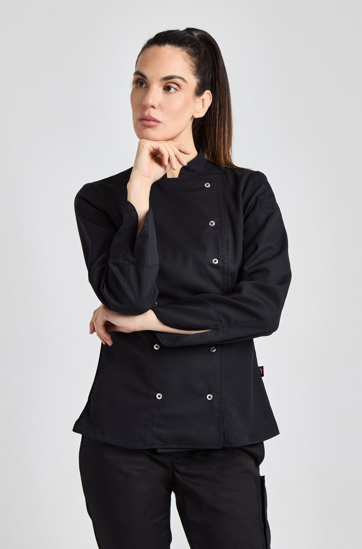Schwarze Damenkochjacke mit Druckknopfverschluss