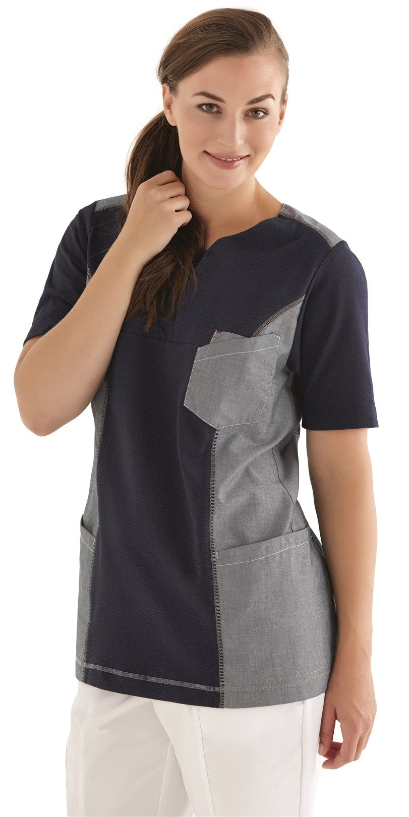Damen Waffel Piqué Kasack Blau