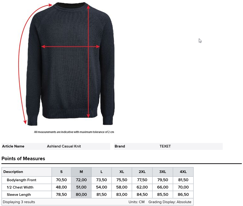 Masstabelle Ashland Casual Pullover