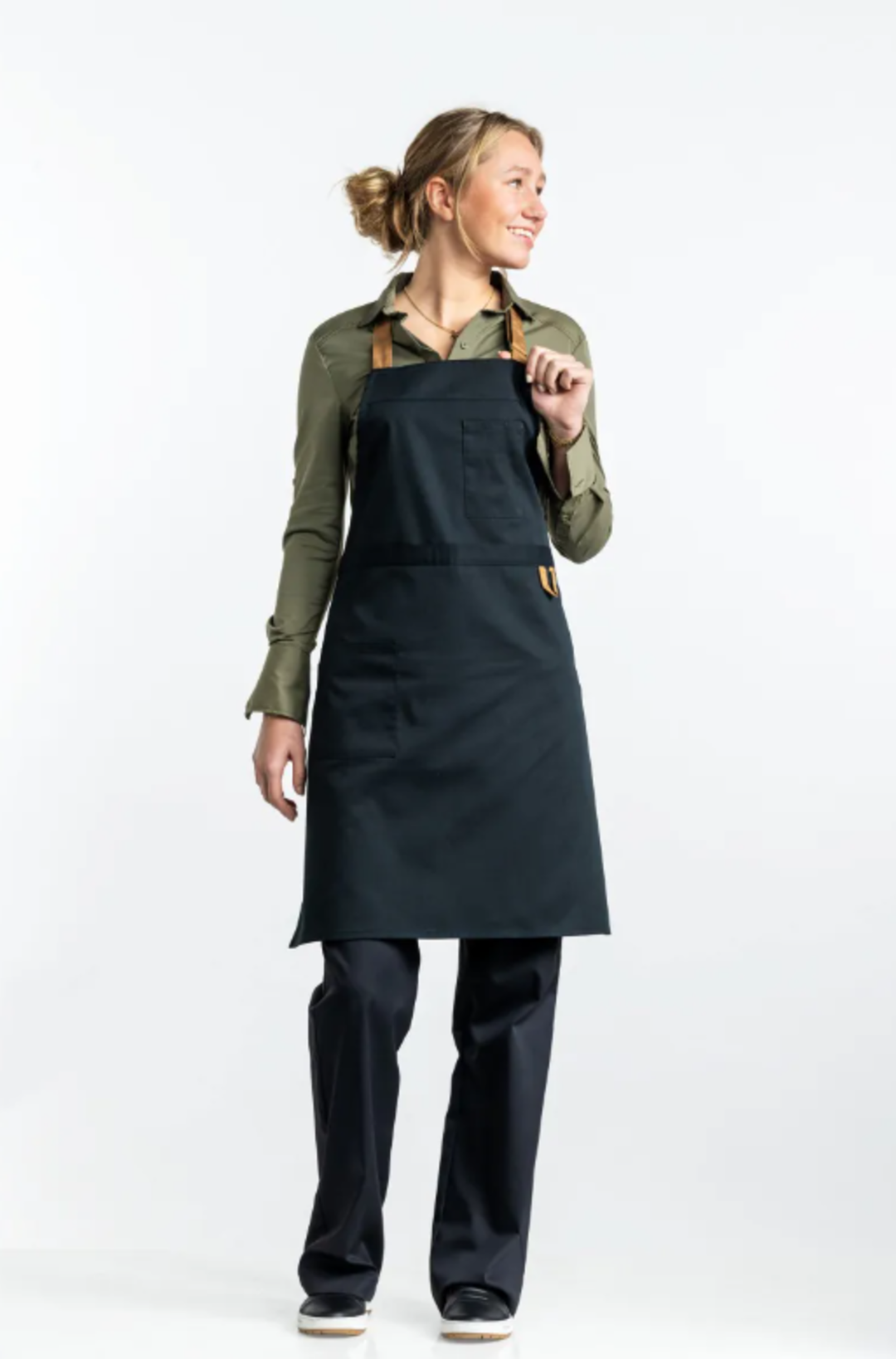 Schwarze 2 in 1 Latz- und Bistroschürze mit beigen Bändern