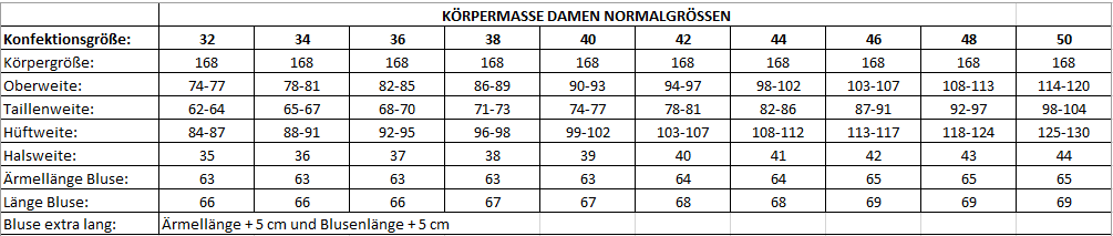 Masstabelle Damen-Weste